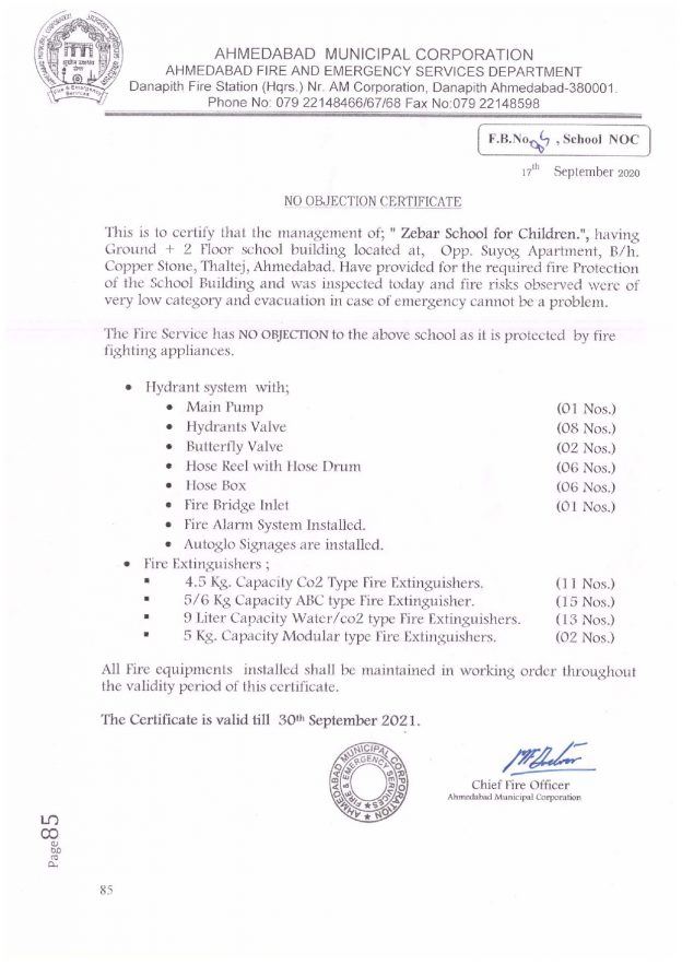 Fire Safety Certificate Zebar School, best CBSE School